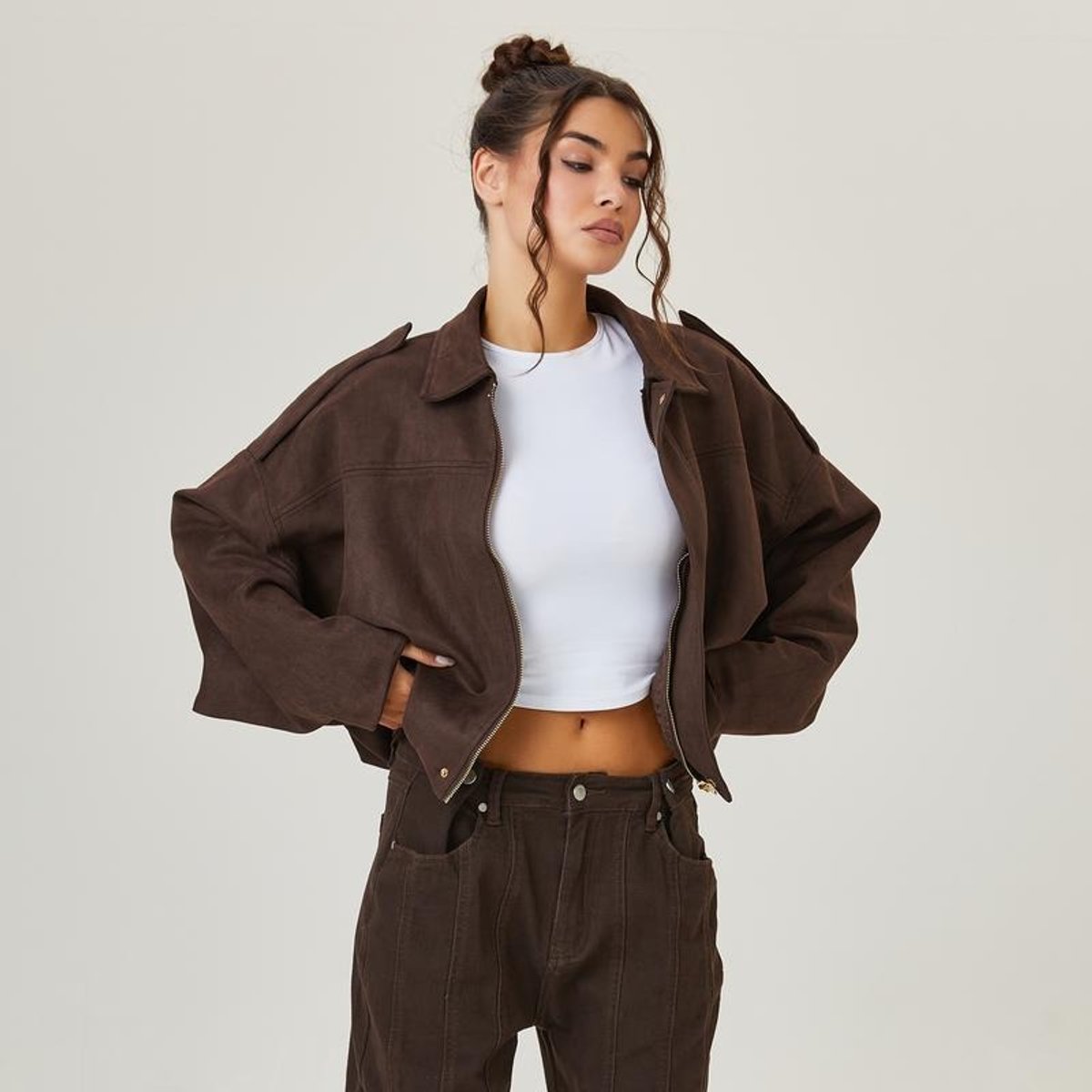 Women's Cropped Oversized Faux Suede Bomber Jacket | Emilia in Brown - Juana Fashion