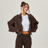 Women's Cropped Oversized Faux Suede Bomber Jacket | Emilia in Brown - Juana Fashion