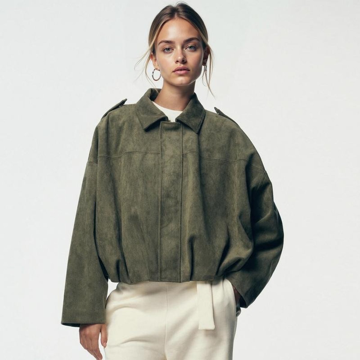 Women's Cropped Oversized Faux Suede Bomber Jacket | Emilia in Brown - Juana Fashion