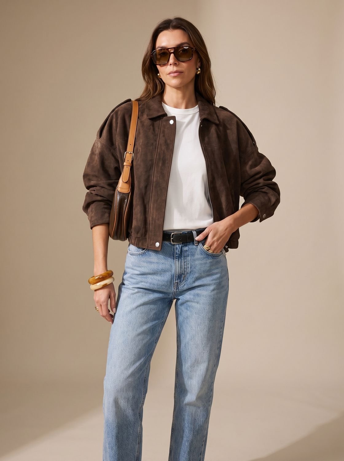 Women's Cropped Oversized Jacket with Metal Buttons | Lena in Brown - Juana Fashion
