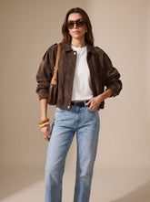 Women's Cropped Oversized Jacket with Metal Buttons | Lena in Brown - Juana Fashion