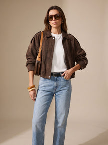 Women's Cropped Oversized Jacket with Metal Buttons | Lena in Brown - Juana Fashion