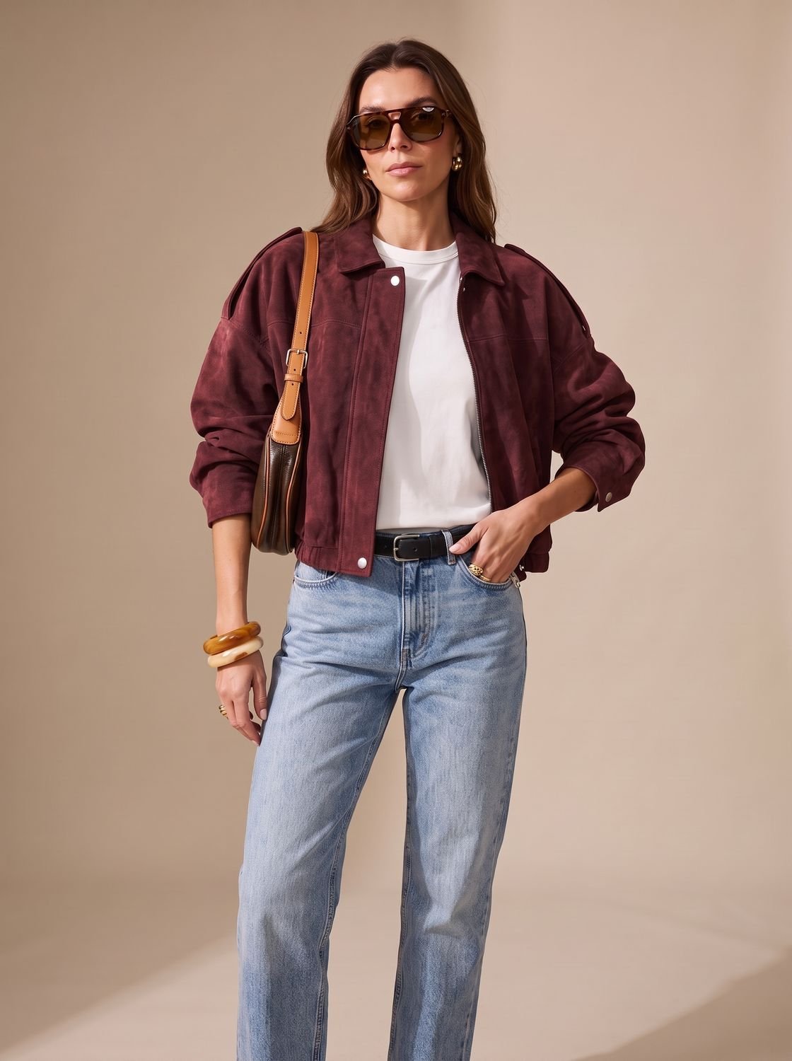 Women's Cropped Oversized Jacket with Metal Buttons | Lena in Brown - Juana Fashion