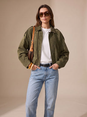 Women's Cropped Oversized Jacket with Metal Buttons | Lena in Green - Juana Fashion