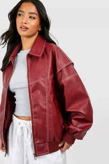 Women's Oversized Faux Leather Bomber Jacket | Elisabeth in Burgundy - Juana Fashion