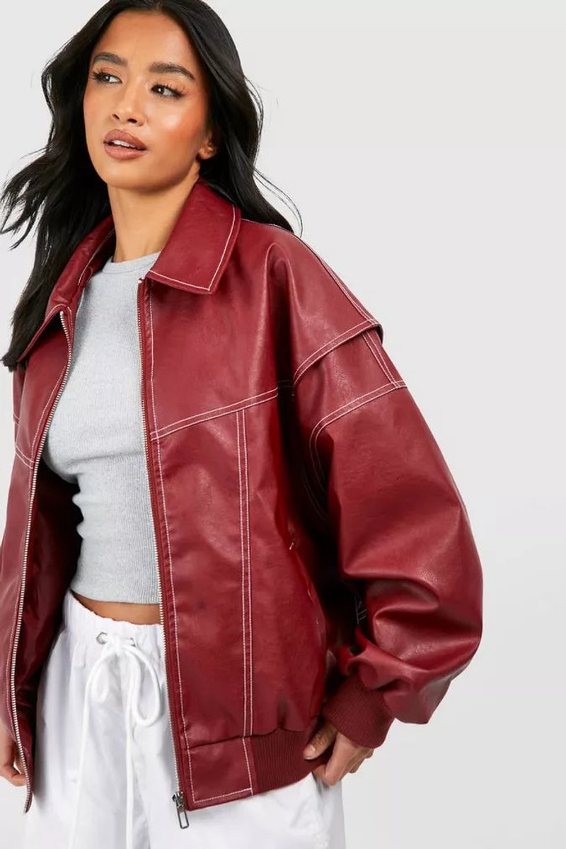 Women's Oversized Faux Leather Bomber Jacket | Elisabeth in Burgundy - Juana Fashion