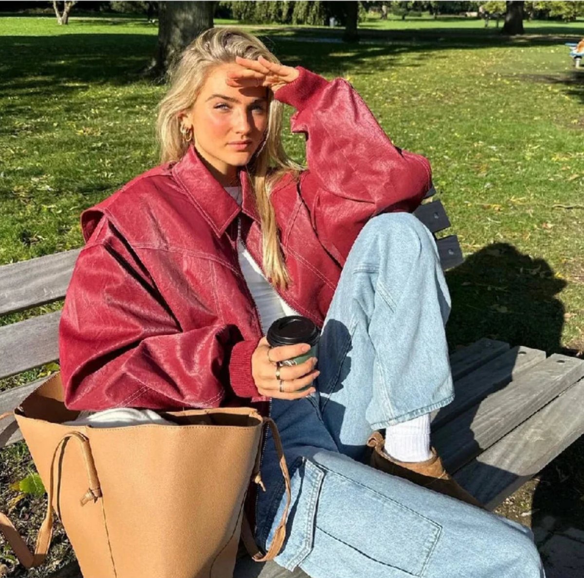 Women's Oversized Faux Leather Bomber Jacket | Elisabeth in Burgundy - Juana Fashion