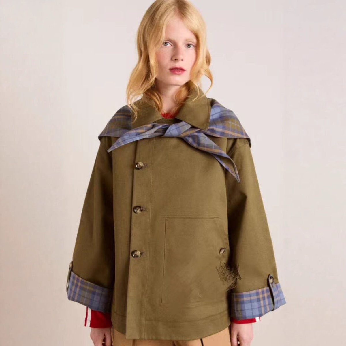 Women's Oversized Trench Coat with Plaid Collar Trim | Charlotte in Brown - Juana Fashion