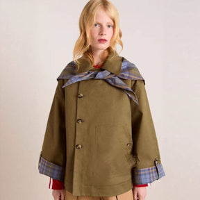 Women's Oversized Trench Coat with Plaid Collar Trim | Charlotte in Brown - Juana Fashion