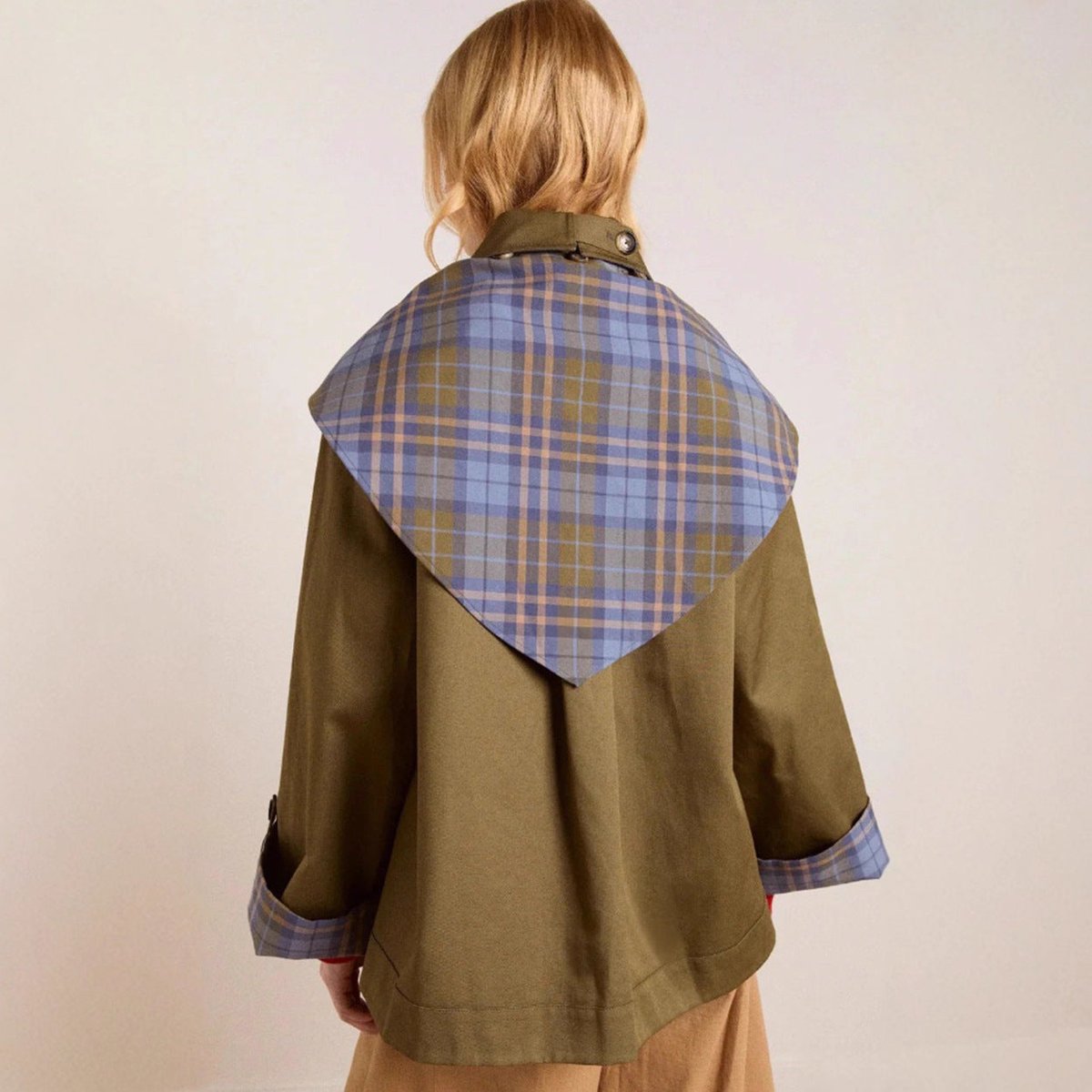 Women's Oversized Trench Coat with Plaid Collar Trim | Charlotte in Logo Pattern - Juana Fashion