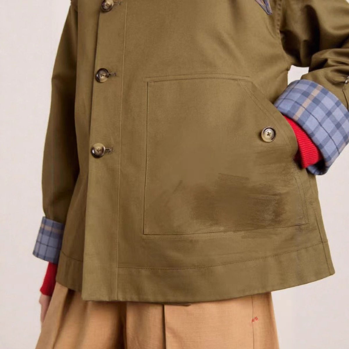 Women's Oversized Trench Coat with Plaid Collar Trim | Charlotte in Brown - Juana Fashion