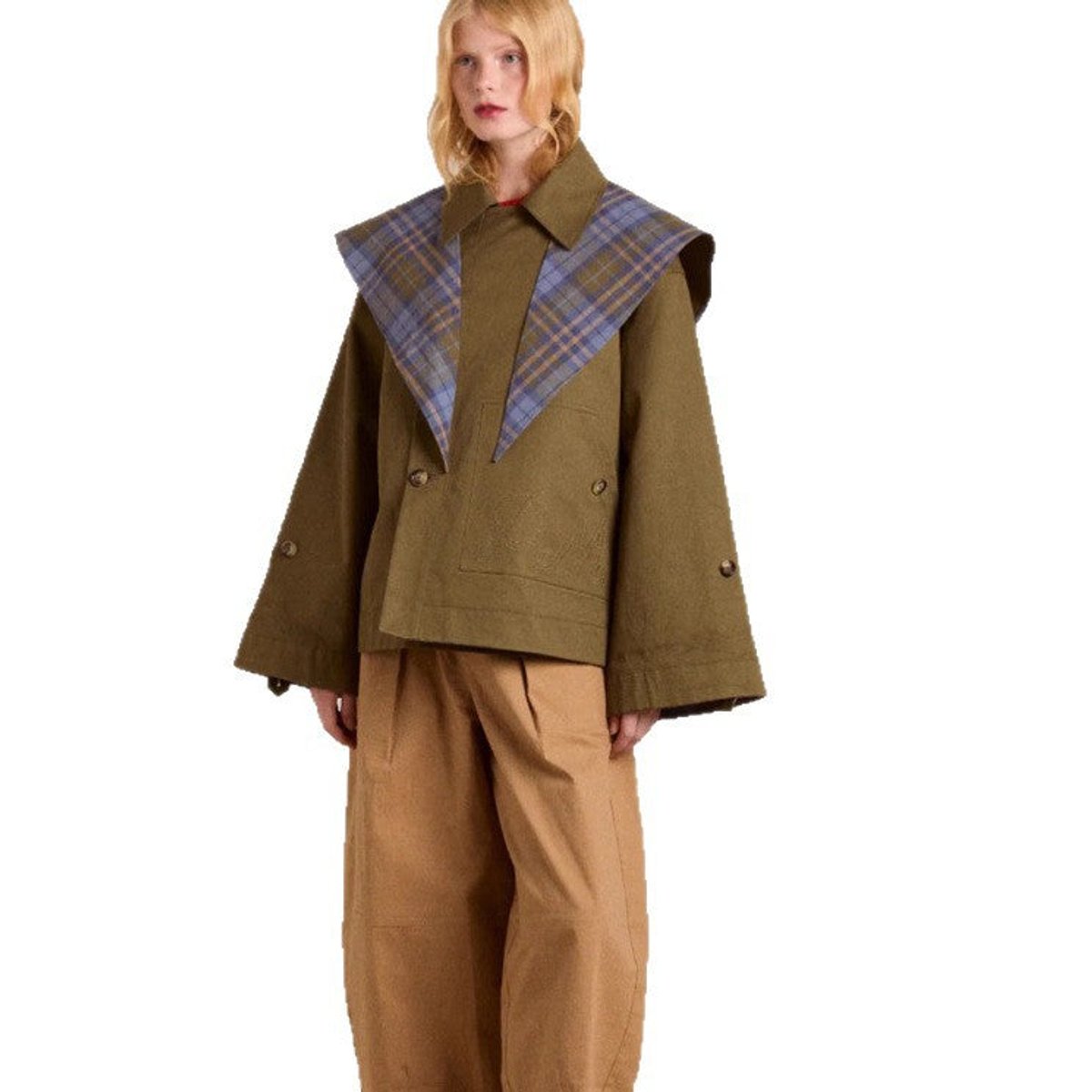 Women's Oversized Trench Coat with Plaid Collar Trim | Charlotte in Logo Pattern - Juana Fashion
