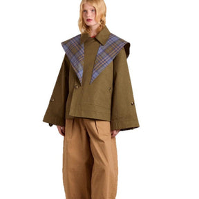 Women's Oversized Trench Coat with Plaid Collar Trim | Charlotte in Logo Pattern - Juana Fashion