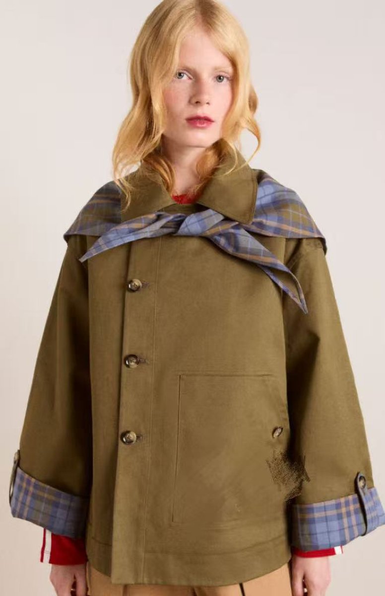 Women's Oversized Trench Coat with Plaid Collar Trim | Charlotte in Brown - Juana Fashion