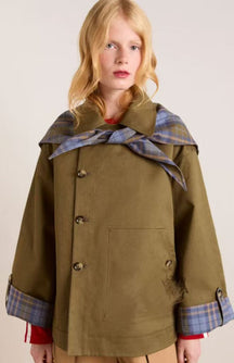 Women's Oversized Trench Coat with Plaid Collar Trim | Charlotte in Brown - Juana Fashion