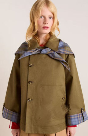 Women's Oversized Trench Coat with Plaid Collar Trim | Charlotte in Brown - Juana Fashion