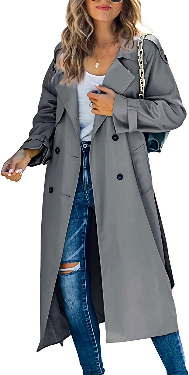 Women's Oversized Belted Double-Breasted Trench Coat | Sophie in Gray - Juana Fashion
