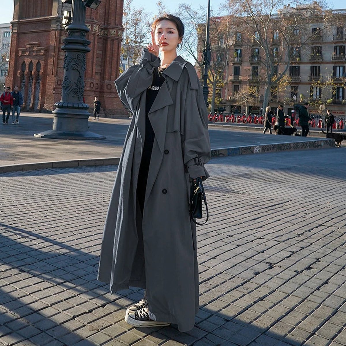 Women's Oversized Belted Double-Breasted Maxi Trench Coat | Emilia in Khaki - Juana Fashion
