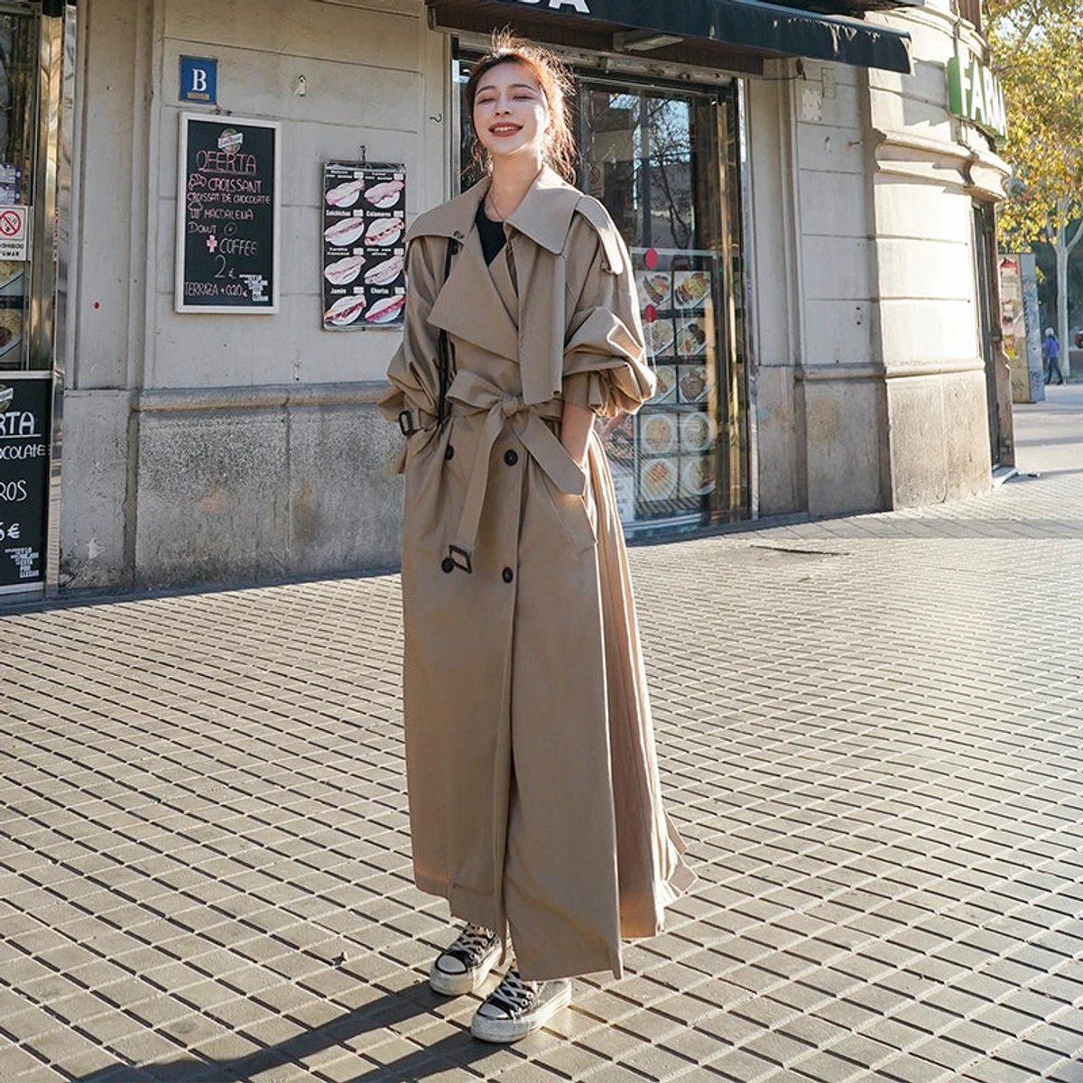 Women's Oversized Belted Double-Breasted Maxi Trench Coat | Emilia in Gray - Juana Fashion