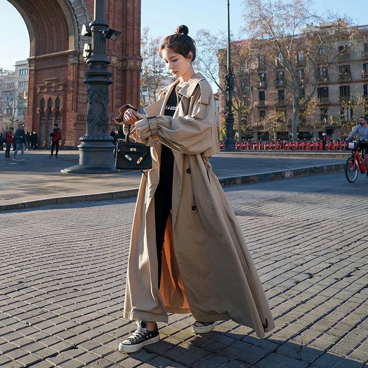 Women's Oversized Belted Double-Breasted Maxi Trench Coat | Emilia in Gray - Juana Fashion