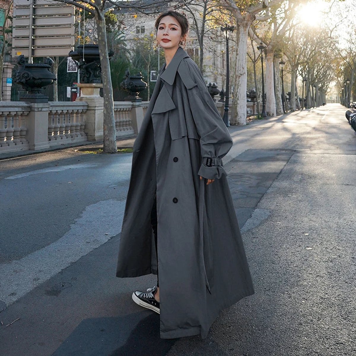 Women's Oversized Belted Double-Breasted Maxi Trench Coat | Emilia in Gray - Juana Fashion