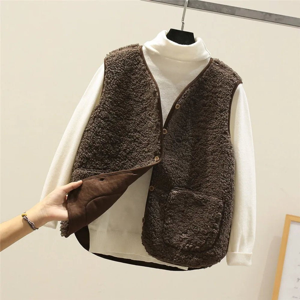 Women's Button-Front Sherpa Fleece Vest | Marlene in Brown - Juana Fashion