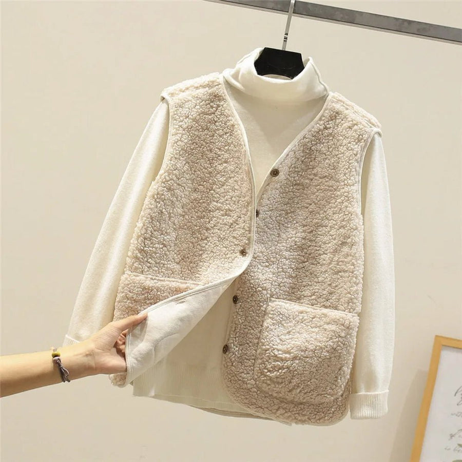 Women's Button-Front Sherpa Fleece Vest | Marlene in Brown - Juana Fashion