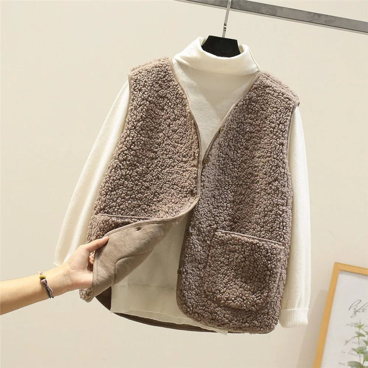 Women's Button-Front Sherpa Fleece Vest | Marlene in Brown - Juana Fashion