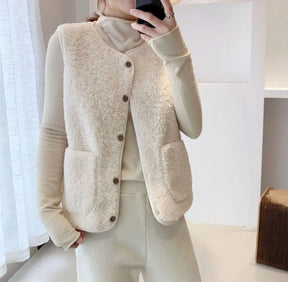 Women's Button-Front Sherpa Fleece Vest | Marlene in Beige - Juana Fashion