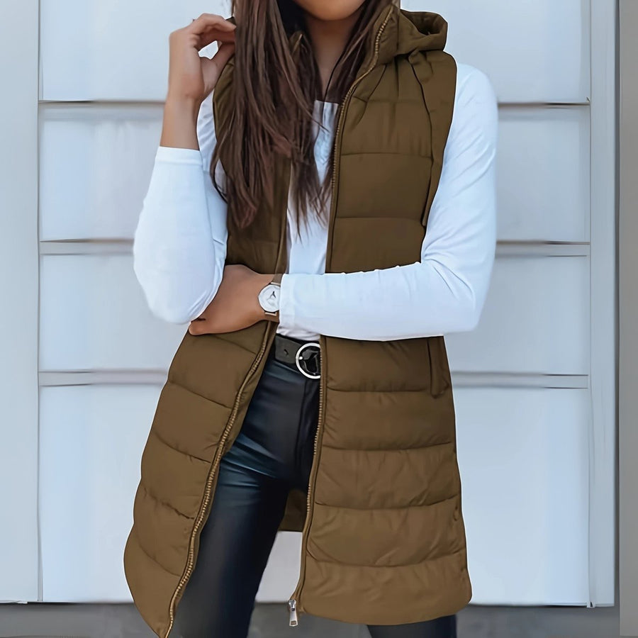 Women's Long Hooded Quilted Vest | Frieda in Black - Juana Fashion