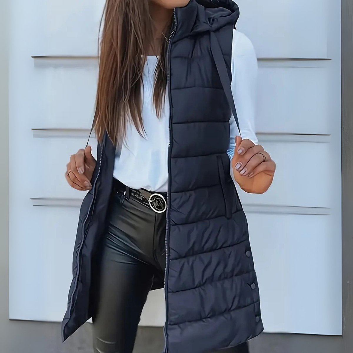 Women's Long Hooded Quilted Vest | Frieda in Black - Juana Fashion