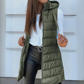 Women's Long Hooded Quilted Vest | Frieda in Black - Juana Fashion