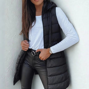 Women's Long Hooded Quilted Vest | Frieda in Black - Juana Fashion