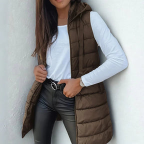 Women's Long Hooded Quilted Vest | Frieda in Khaki - Juana Fashion