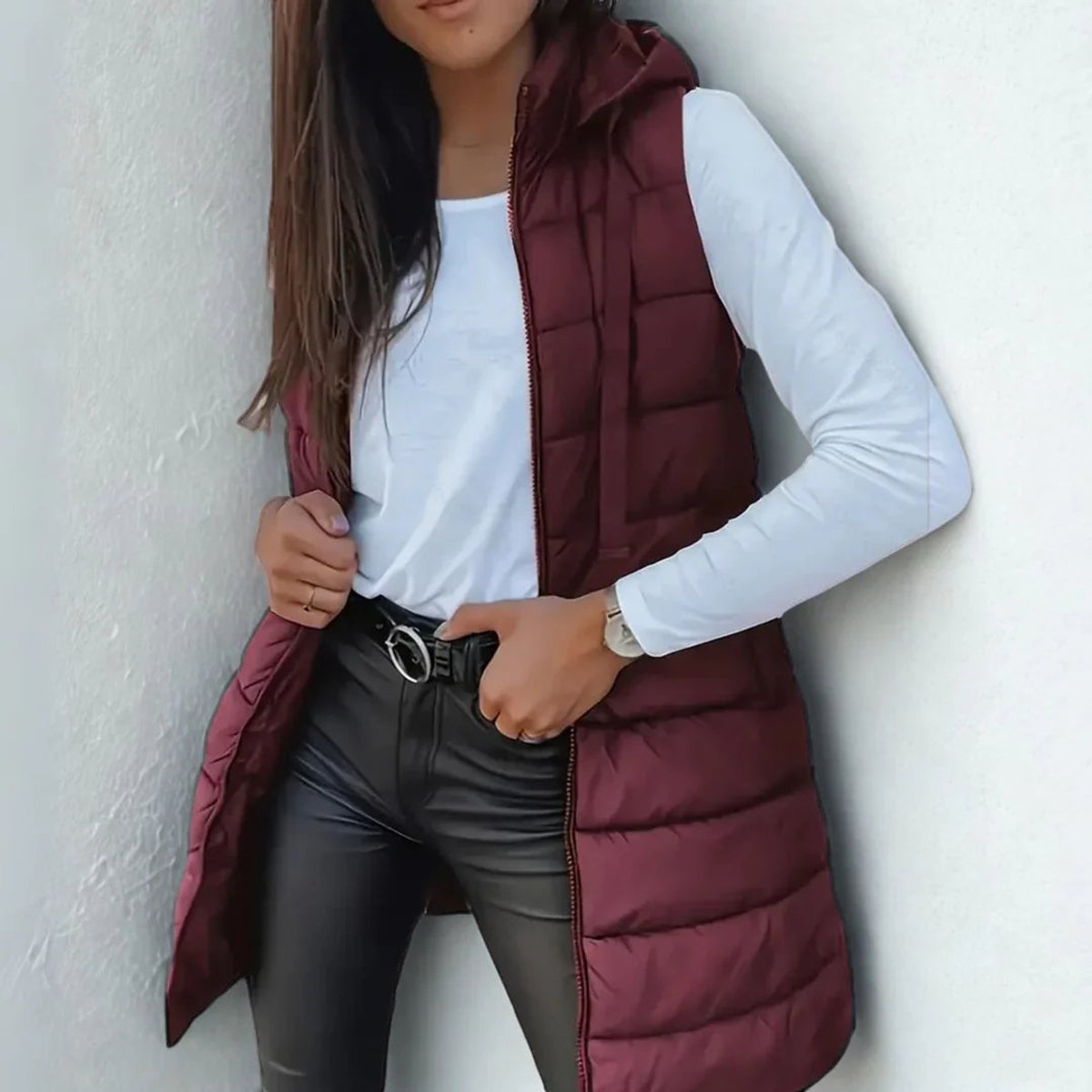 Women's Long Hooded Quilted Vest | Frieda in Black - Juana Fashion