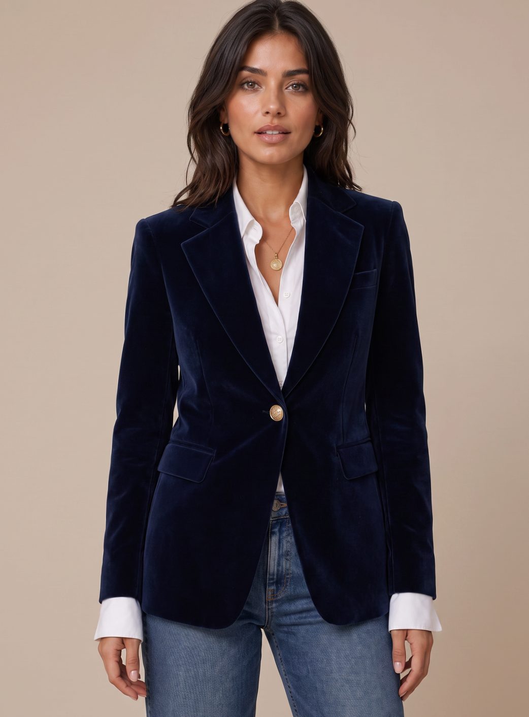Women's Fitted Velvet Blazer with Gold-Tone Buttons | Elisabeth in Navy - Juana Fashion