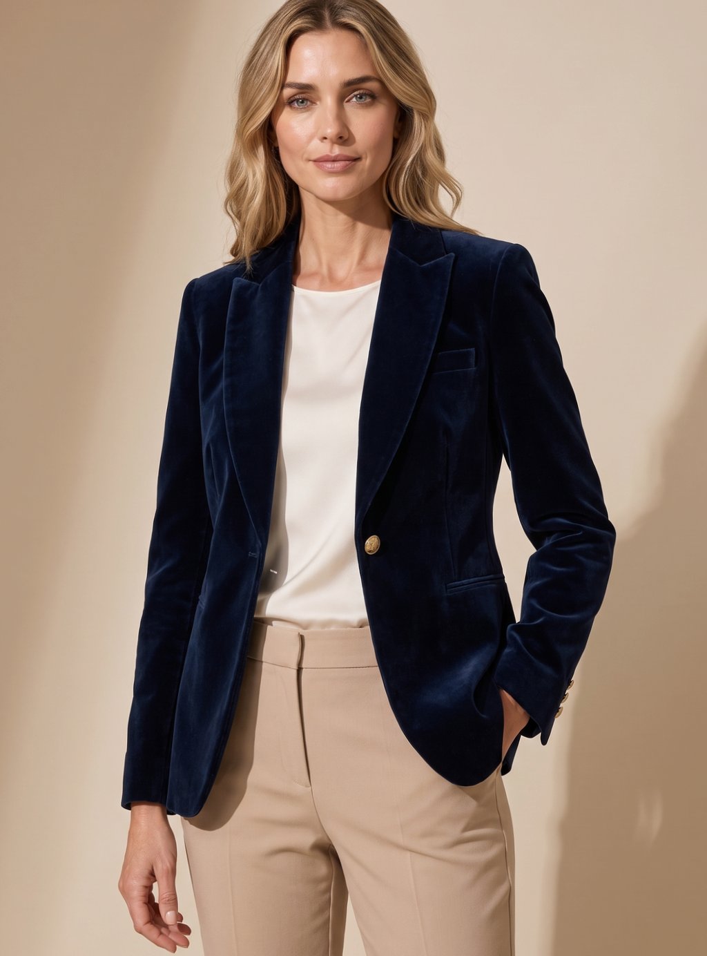 Women's Fitted Velvet Blazer with Gold-Tone Buttons | Elisabeth in Navy - Juana Fashion