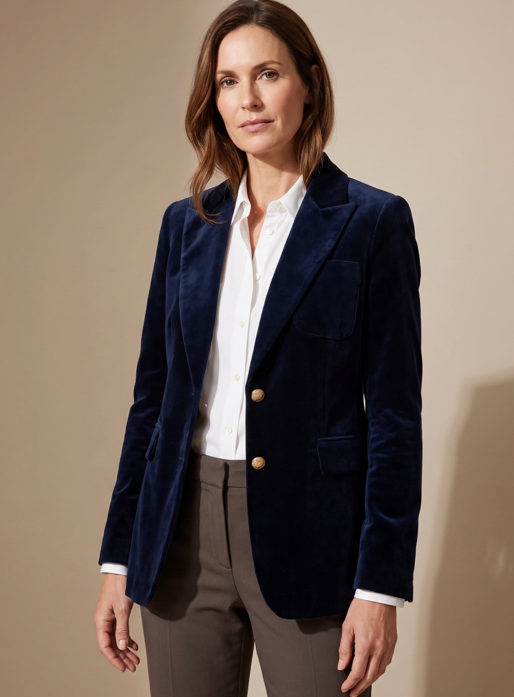 Women's Fitted Velvet Blazer with Gold-Tone Buttons | Elisabeth in Navy - Juana Fashion