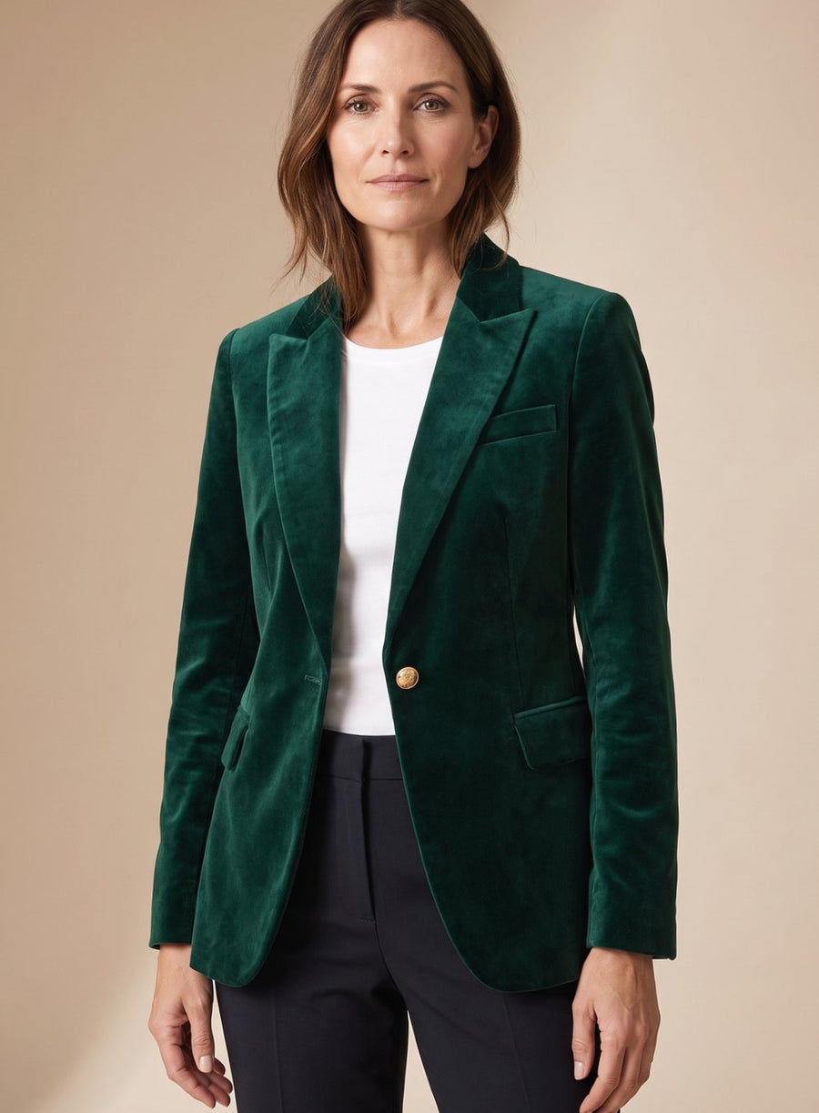 Women's Fitted Velvet Blazer with Gold-Tone Buttons | Elisabeth in Navy - Juana Fashion