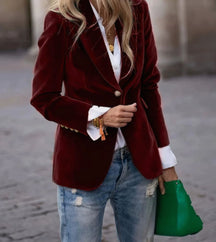 Women's Fitted Velvet Blazer with Gold-Tone Buttons | Elisabeth in Navy - Juana Fashion