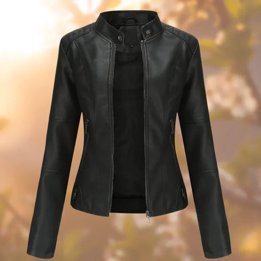 Women's Fitted Faux Leather Biker Jacket | Marlene in Black - Juana Fashion