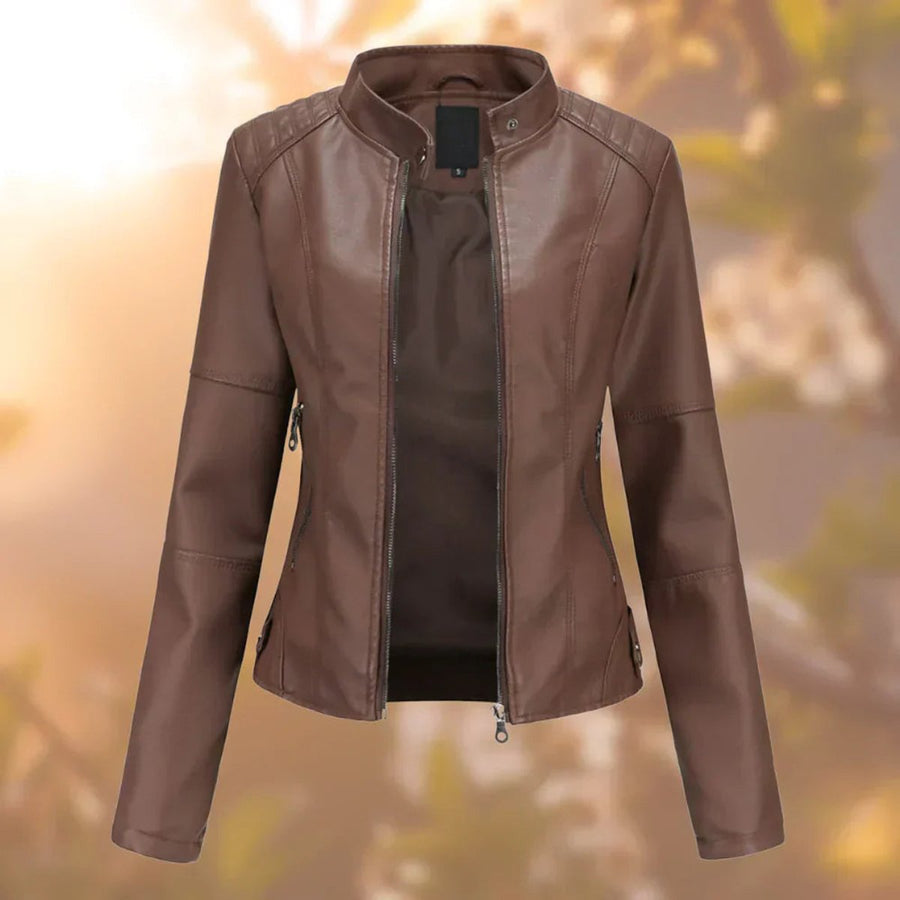 Women's Fitted Faux Leather Biker Jacket | Marlene in Dark Brown - Juana Fashion