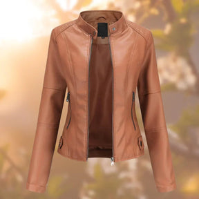 Women's Fitted Faux Leather Biker Jacket | Marlene in Brown - Juana Fashion