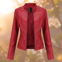 Women's Fitted Faux Leather Biker Jacket | Marlene in Red - Juana Fashion