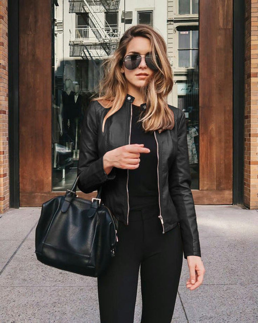 Women's Fitted Faux Leather Biker Jacket | Sophie in Black - Juana Fashion