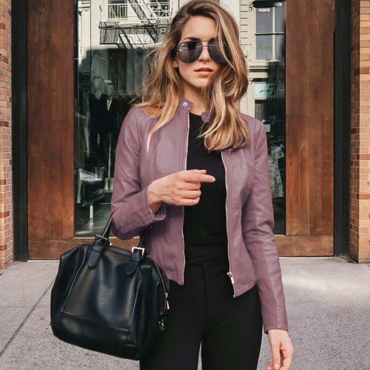 Women's Fitted Faux Leather Biker Jacket | Sophie in Black - Juana Fashion