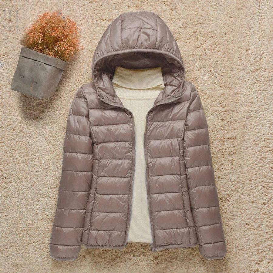 Women's Ultralight Hooded Quilted Jacket | Elisabeth in Taupe - Juana Fashion
