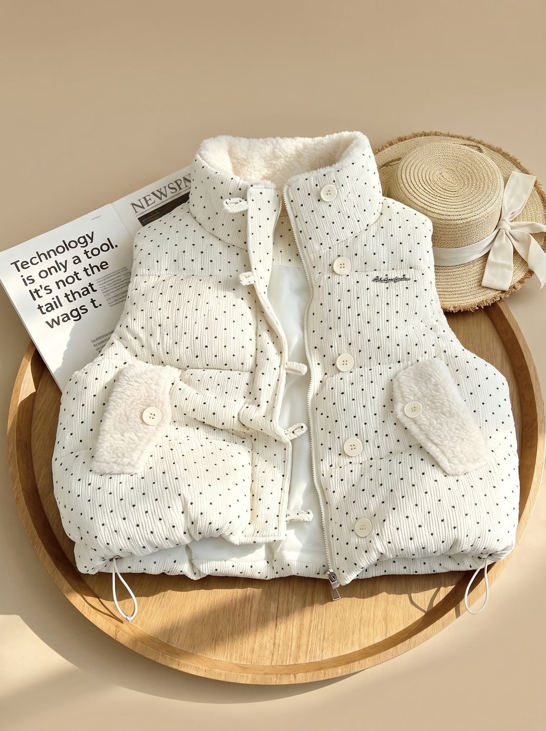 Women's Quilted Stand-Collar Vest with Sherpa | Marie in White - Juana Fashion