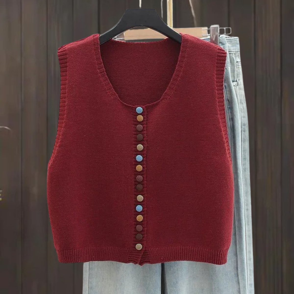 Women's Button-Front Knit Vest | Amelie in Burgundy - Juana Fashion