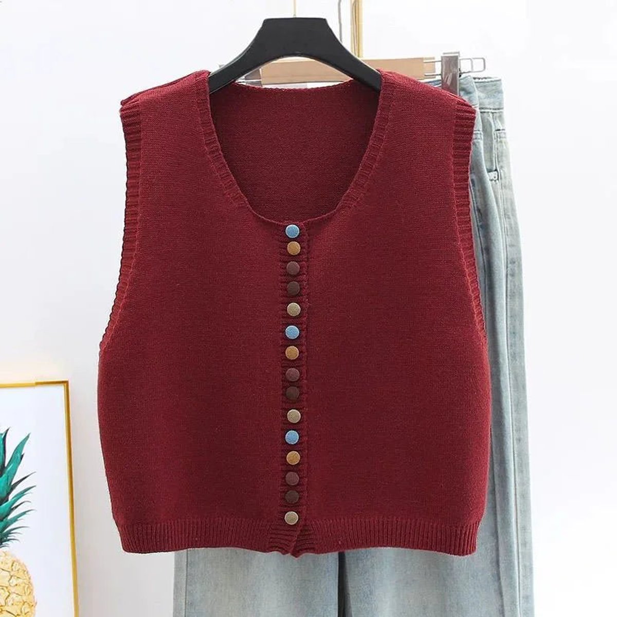 Women's Button-Front Knit Vest | Amelie in Burgundy - Juana Fashion